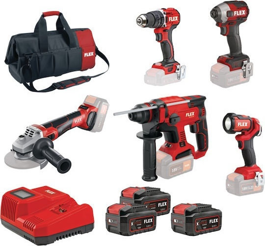 Flex D00600 Battery Tool Set Angle Grinder Impact Drill Driver Impact Screwdriver Hammer & Flashlight 18V with 3 Batteries 5Ah and Case