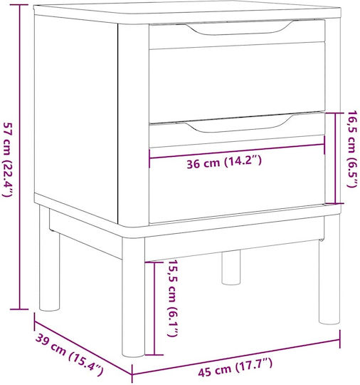Bedside Table Made of Solid White Wood 45x39x57cm