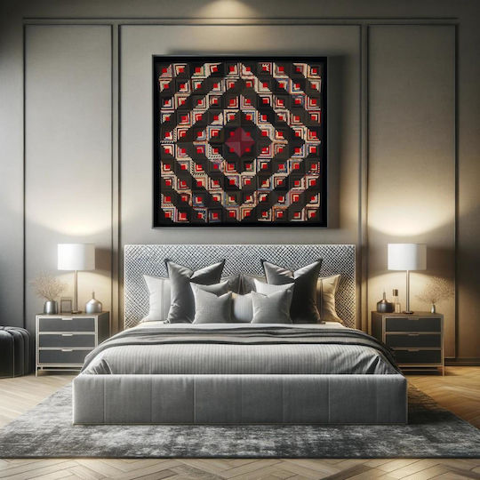 Painting Blocks Arranged In Barn Raising Pattern Block Centers Red Wool Strips In Variety Solid Colors Prints Blue Edge Binding Back Is Black White Small Floral Print On Grey Ground 110x110
