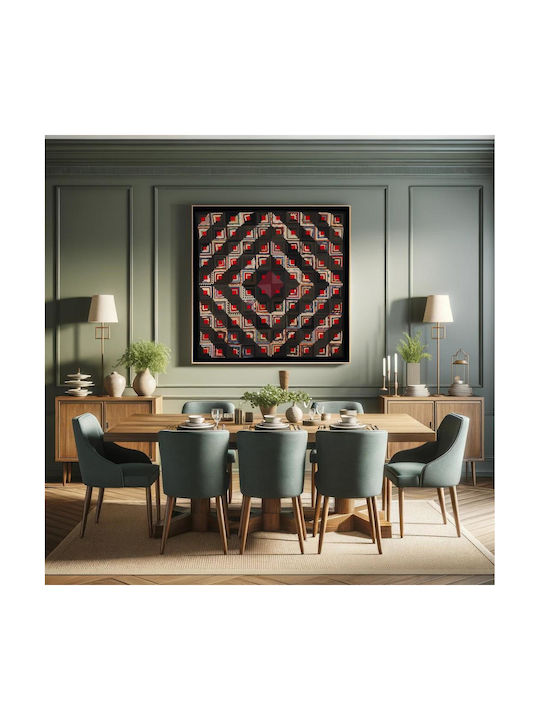 Painting Blocks Arranged In Barn Raising Pattern Block Centers Red Wool Strips In Variety Solid Colors Prints Blue Edge Binding Back Is Black White Small Floral Print On Grey Ground 110x110