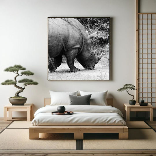 Grazing Rhino In Black And White Rhinoceros Grazing On Black And White On Canvas