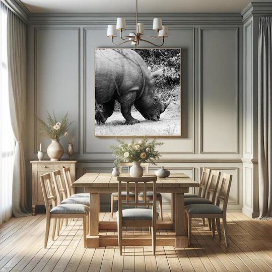 Painting Grazing Rhino In Black White Rhinoceros Grazes Black White 120x120