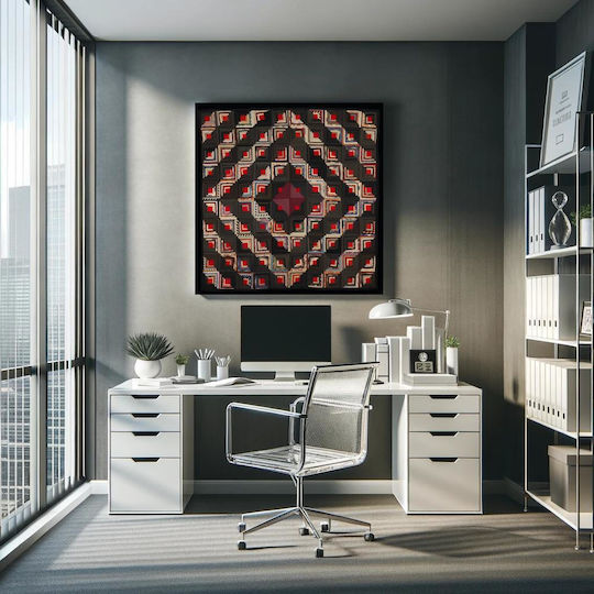 Painting Blocks Arranged in Barn Raising Pattern Block Centers Red Wool Strips in Variety Solid Colors Prints Blue Edge Binding Back Is Black White Small Floral Print on Grey Ground 120x120