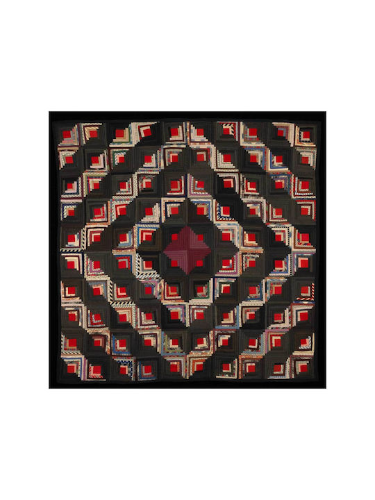 Painting Blocks Arranged in Barn Raising Pattern Block Centers Red Wool Strips in Variety Solid Colors Prints Blue Edge Binding Back Is Black White Small Floral Print on Grey Ground 120x120