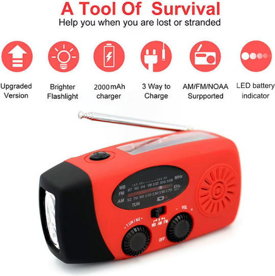 Radio Portabil Multifuncțional 3 în 1 Zola Lanternă LED SOS Solar Încărcare Manuală USB Funcție de Încărcare a Telefonului Mobil Impermeabil 2000 mAh AM FM 130 x 60 x 45 mm Negru Roșu