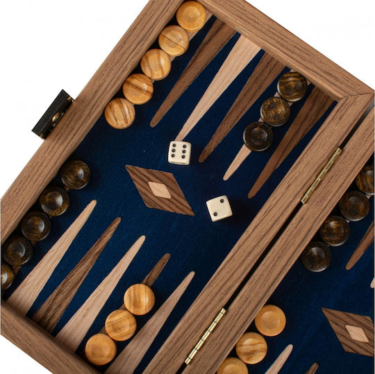 Manopoulos Walnut Wooden Checkers & Dice for Backgammon Handmade Blue / Brown 20cm