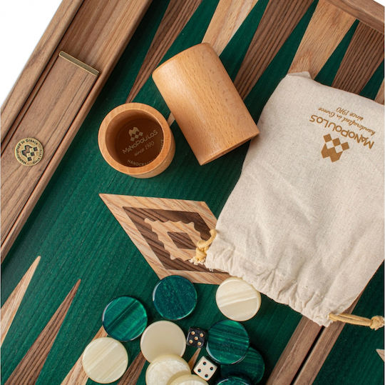 Manopoulos Walnut Wooden Checkers & Dice for Backgammon Handmade Green 20cm