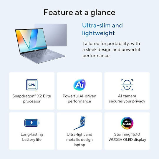 Asus Vivobook S16 S3607QA-OLED-SH037W 16 Zoll OLED FHD+ Snapdragon-X2 Elite 16GB 1TB SSD Windows 11 Startseite Mist Blau US Tastatursprache