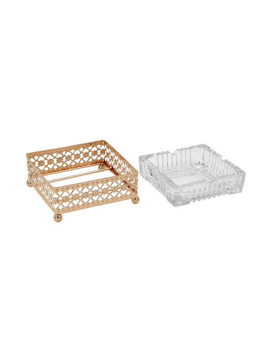 Aschenbecher Glas 12x12x5,5 cm Mit Metallischer Goldener Basis Keskor 43321