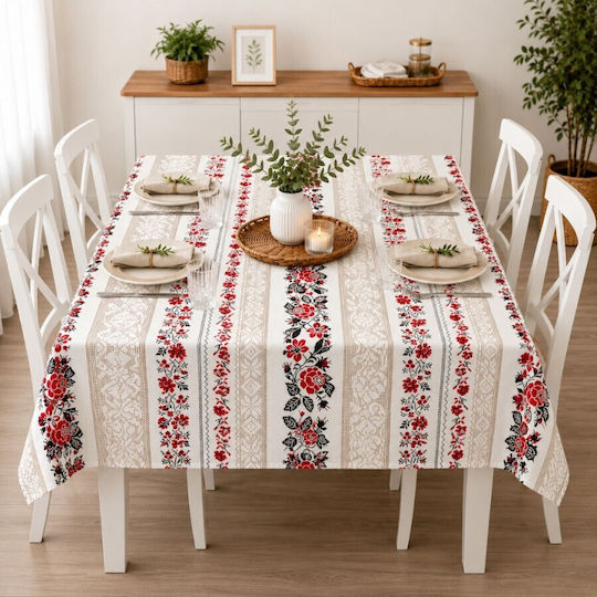 Pucioasa Față De Masă Din Bumbac Cu Broderie Roșie 160x320 Cm