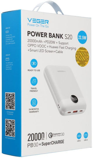 Veger S20 Baterie Externă 20000mAh 20W cu Port USB-A și 2 Porturi USB-C Power Delivery / Quick Charge Alb