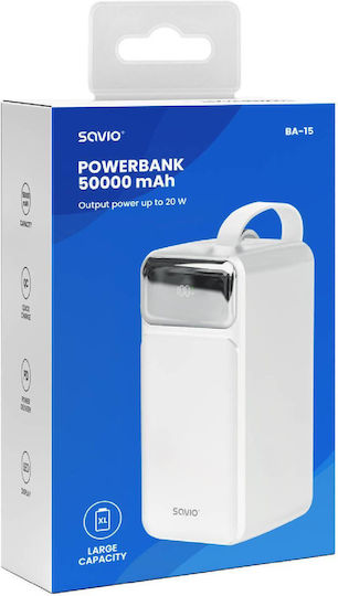 Savio BA-15 Power Bank 50000mAh 20W with 2 USB-A Ports and USB-C Port White