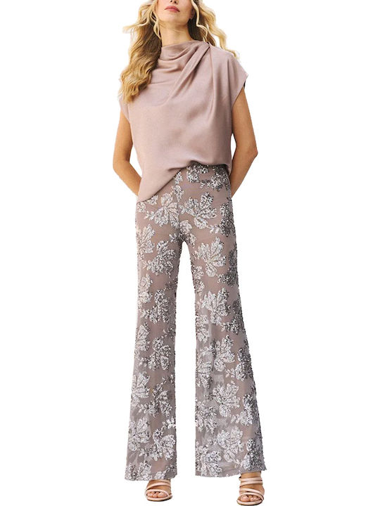 Damen Stoffhose mit Gummiband in Gerader Bein Stil Silber- Puro mit Pailletten