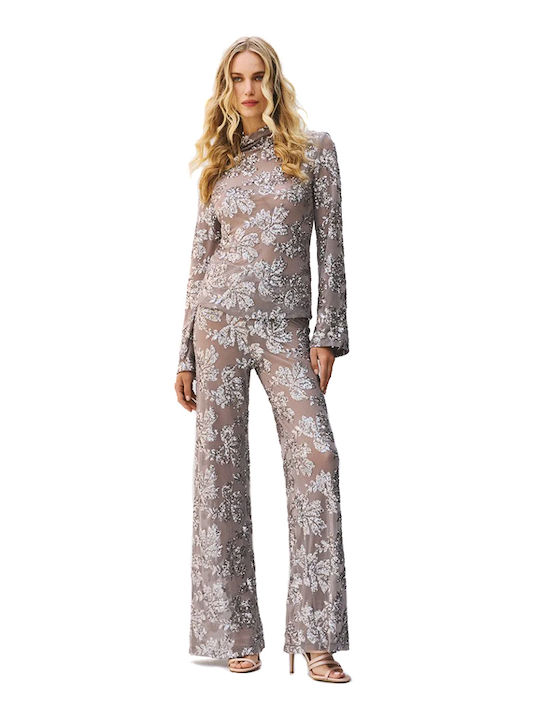 Damen Stoffhose mit Gummiband in Gerader Bein Stil Silber- Puro mit Pailletten