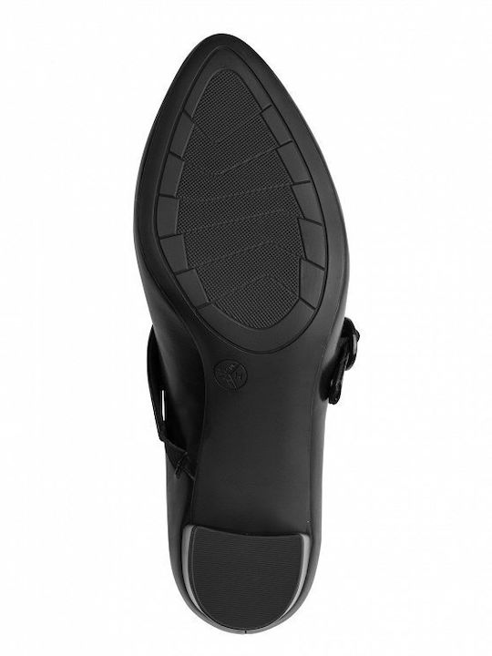 Leather Heels with Strap & Medium Heel Black