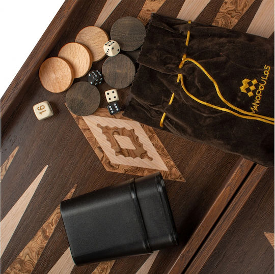 Manopoulos Wenge Wooden Checkers & Dice for Backgammon Handmade Brown 17cm