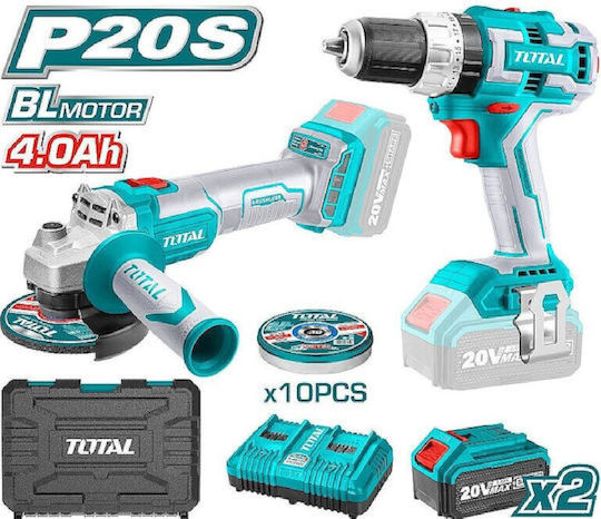 Total TCKLI6015 Angle Grinder & Impact Drill Driver 20V with 2 4Ah Batteries and Case
