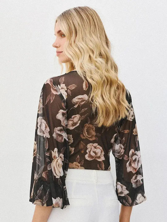Access Damen-Bodysuit Langärmelig Floral 64-2216 Schwarz