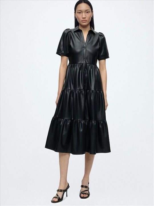 Midi Shirt Dress Leather Black