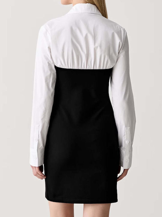 Sommer Mini Hemdkleid Langärmelig Schwarz/Weiß