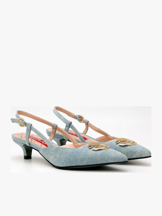 Valley Pointed Toe Heels with Strap & Low Heel Blue