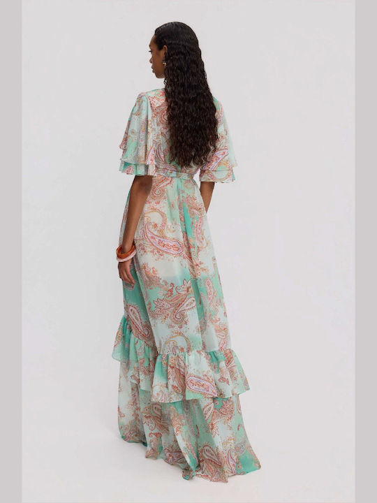 Summer Maxi Shirt Dress with Ruffles Mint Paisley