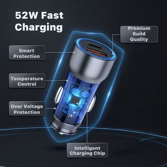Încărcător Auto 52.5w Usb-c Pd 30w + Usb-a Qc 22.5w 1m Cablu Usb-c La Usb-c Încărcare Rapidă Quick Charge Telefon Tabletă Compact Albastru Gri