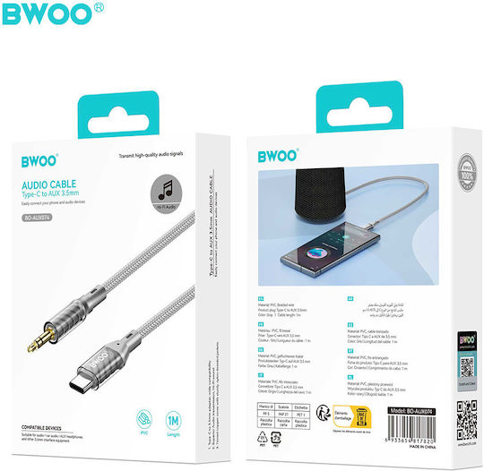 Bwoo Aux074 Aux Usb-c Cable 3.5mm Jack Audio Gray