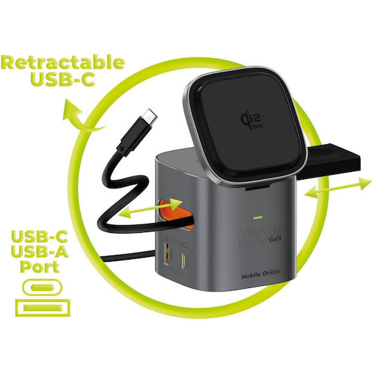 Mobile Origin Qi2 GaN Wireless Charger with USB-A Port and USB-C Port and USB-C Cable 25W Grey (PW37)