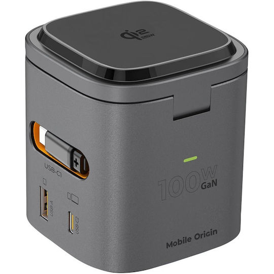 Mobile Origin Qi2 GaN Wireless Charger with USB-A Port and USB-C Port and USB-C Cable 25W Grey (PW37)