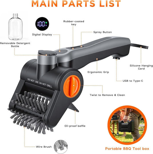 Perie Profesională Electrică pentru Curățarea Grătarului 100w 8000 Rpm Curățare Automată 360° Rezervor de Apă de 300ml Pulverizare Baterie de 2600mah 7.4v 2 Viteze Rezistentă la Apă Ipx8 Perii din Oțel Inoxidabil 304 Încărcare Usb-c Set Complet Accesorii Geantă