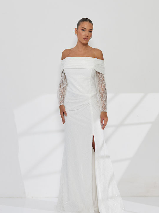 Rochie Maxi De Mireasă Cu Umerii Goi Cu Dantelă Și Deschizătură Albă