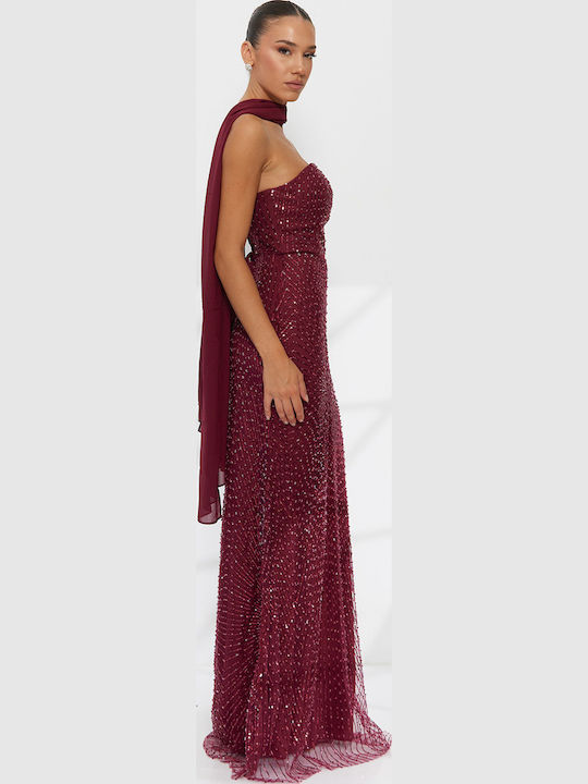 Rochie Maxi de Seara Fără Bretele cu Tul și Plasă Auriu