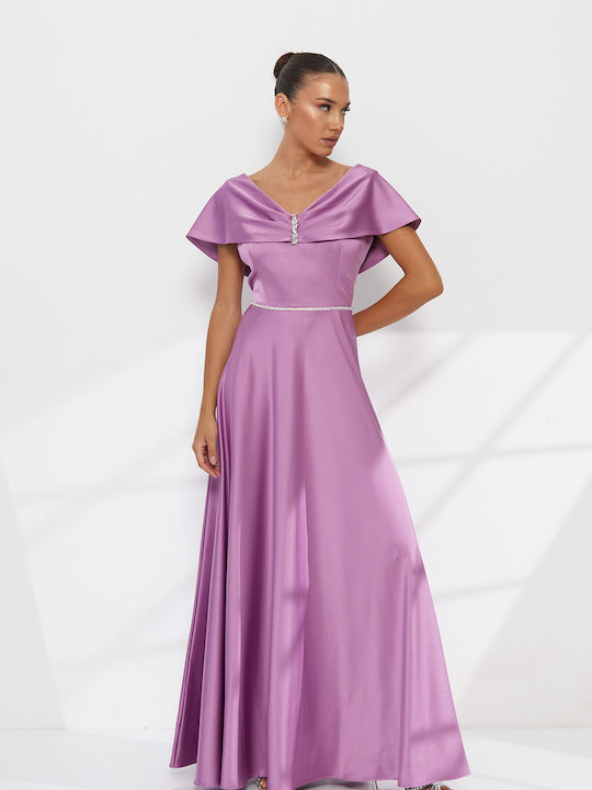 Rochie Maxi de Seară din Satin cu Spate Deschis Lila