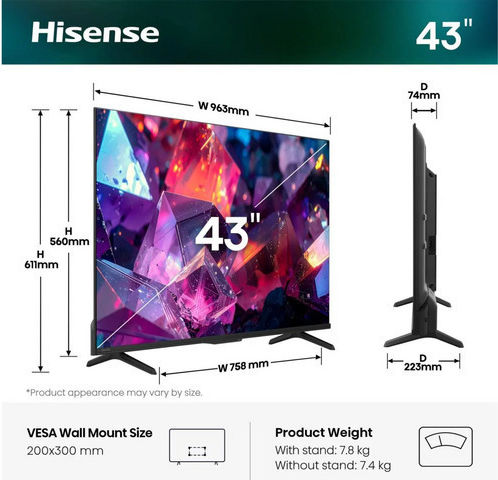 Hisense Smart TV 43" 4K UHD QLED E7S Pro HDR (2026) 43E7S Pro