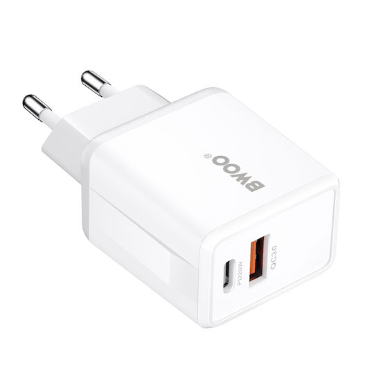 BWOO Зарядно Устройство Без Кабел с USB-A Порт и USB-C Порт 20W Power Delivery Бял (BO-CDA182)
