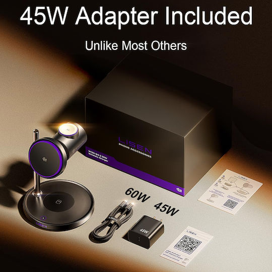 Lisen Акумулаторно Безжично Зарядно Устройство Qi2 и Кабел USB-C 25W Черен (W120)