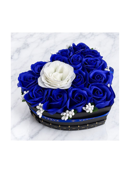 Velvet Heart Aranjament Floral În Formă De Inimă 15 Trandafiri Săpun Accent Sclipici Albastru Alb
