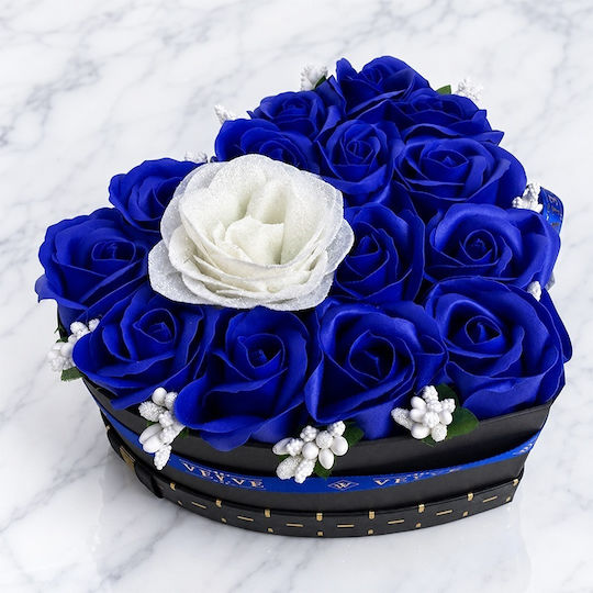 Velvet Heart Heart-shaped Floral Arrangement 15 Soap Roses Glitter Accent Blue White