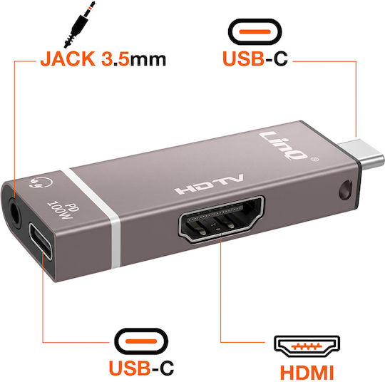 Linq Mini Hub Adapter Usb-c Zu Hdmi 4k Jack 3.5mm Usb-c 100w Grau
