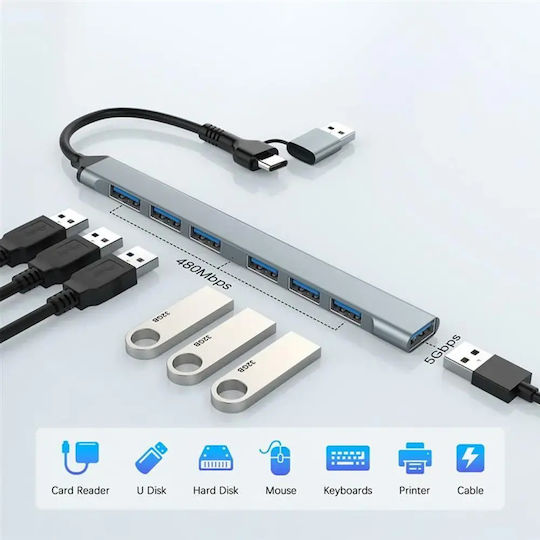 Gembird 7-Port USB 3.2 Hub with USB-A / USB-C Connection Silver