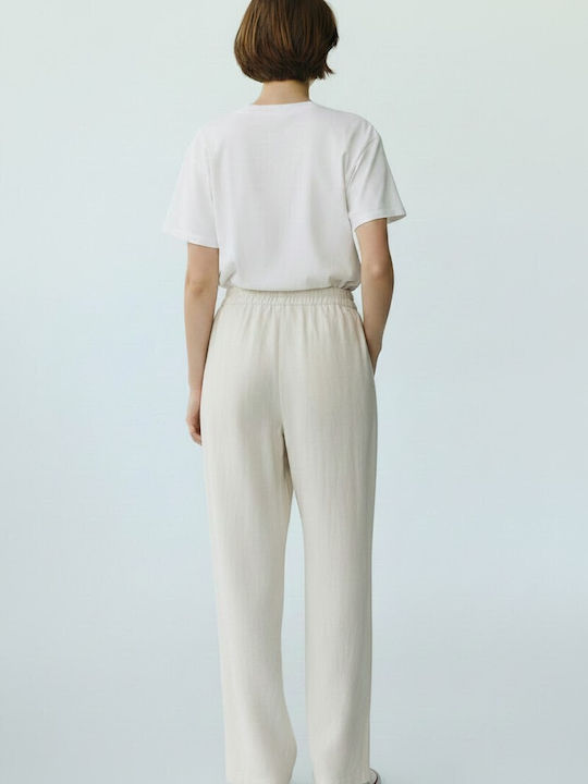 Damen Leinen Pantaloona mit Gummiband in Lose Passform Beige
