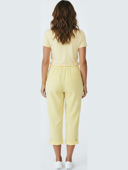 Damen Stoff Capri Hose mit Gummiband in Loose Passform Gelb