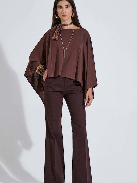Women's Blouse with 3/4 Sleeve and Smile Neckline Brown