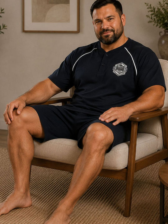 Rimoli Plus Size Summer Men's Cotton Pyjamas Dark Blue