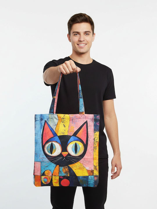 Inspiral Tree Tote Τσάντα Ώμου Υφασμάτινη Μαύρη Γατά Χρωματιστή
