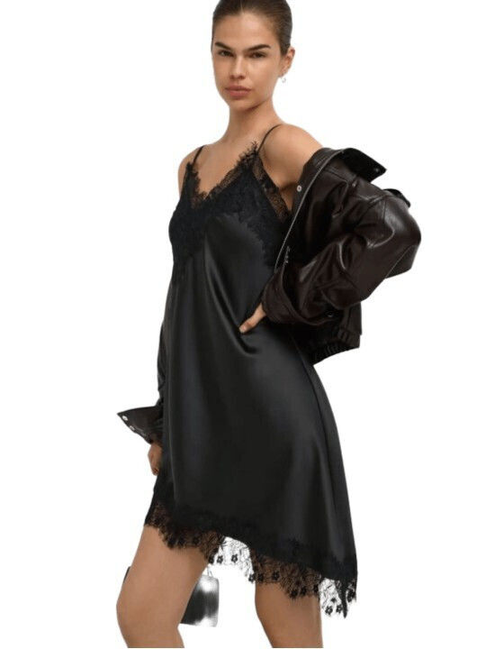 Summer Mini Evening Satin Slip Dress with Lace Black