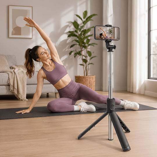 Teleskopischer Selfie-Stick 3-in-1 Handy-Stative Bluetooth-Fernbedienung Drehung 360° Schwarz