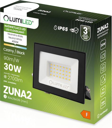 Προβολέας Led Zuna2 30w 2700lm 4000k Ip65 Μαύρος Φωσφορικός