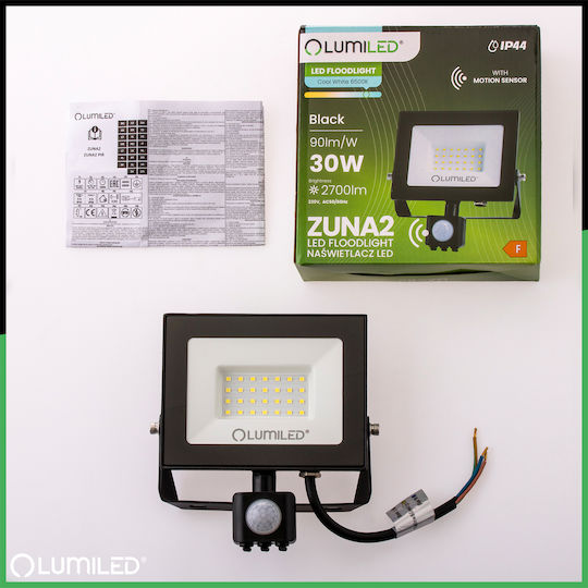 Proiector LED Zuna2 30W 2700lm 6500K IP44 Negru Senzor de Mișcare Lumiled